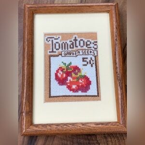 Vintage Cross Stitched Jiffy Stitchery #935 Tomato Seeds Framed Matted Cottage